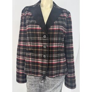 Think Tank Womens Plaid Blazer Jacket Black Red Tartan Contrast Lapel Size M